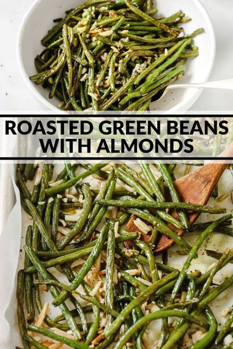 These roasted green beans with toasted almonds will be your new favorite side dish. This is an easy recipe with the simple flavors of lemon and garlic. It's a perfect side dish for weeknight dinners or on your holiday table. Green Beans Almonds Recipe, Green Beans And Almonds, Garlic Almond Green Beans, Roasted Green Beans With Almonds, String Bean Recipes, Green Beans With Almonds, Longevity Recipes, Green Beans Almondine, Fall Eats