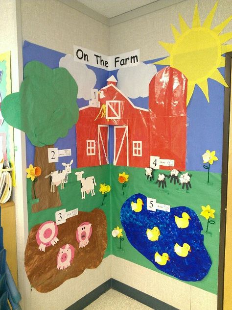 Farm theme. I also made it a Math bulletin board. Farm Math, Farm Classroom Theme, Farm Activities Preschool, Farm Animals Preschool, Farm Lessons, Farm Animal Art, Farm Animals Activities, Farm Theme Preschool, Farm Animal Crafts