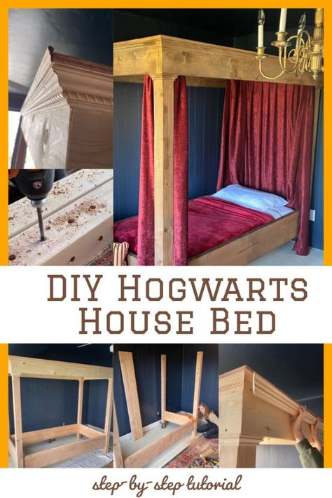 How to Build a Hogwarts House Style Bed - buildsbykristen.com Harry Potter Loft Room, Harry Potter Headboard Ideas, Harry Potter Four Poster Bed, Harry Potter Curtains Bedroom, Harry Potter Boys Room, Hogwarts Lessons, Harry Potter Room Ideas Diy, Harry Potter Room Decor Diy, Harry Potter Bedroom Ideas