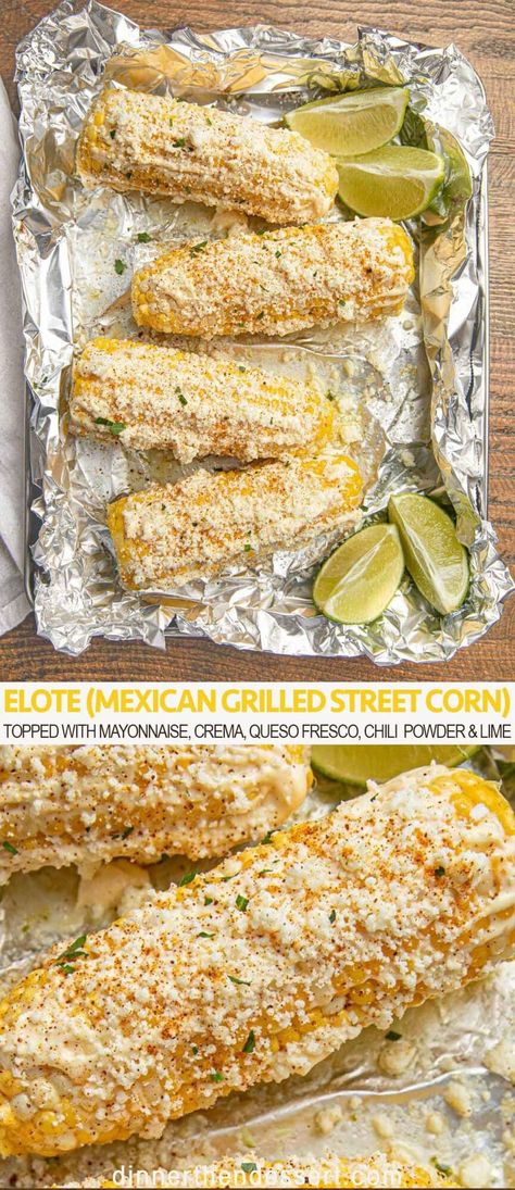 Elote with lime (Mexican Grilled Street Corn) Corn Elote Recipe, Corn Dinner, Grilled Mexican Street Corn, Lime Corn, Corn In The Oven, Oven Roasted Corn, Elote Corn, Elote Recipe, Mexican Street Corn Recipe