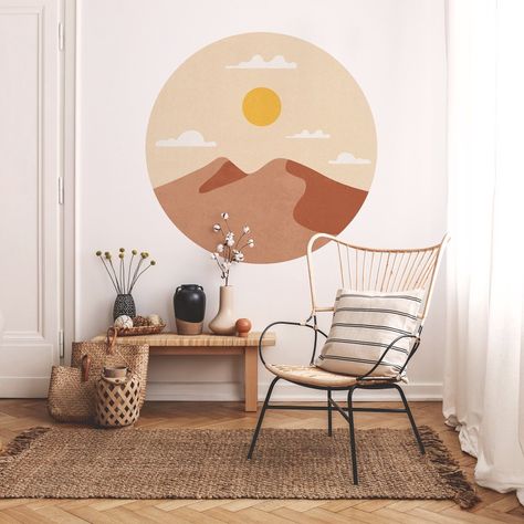 Use light woods, soft textures, and a neutral color palette with pops of muted colors. Circle Mural Wall, Hunters Bedroom, Boho Stickers, Hallway Paint, Adhesive Fabric, Wall Stand, Gym Wall Decal, Wall Fabric, Sunrise Mountain