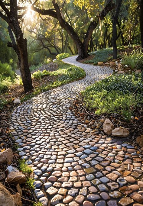 Cobblestone Walkway Pathways, Cobblestone Garden, Path In Woods, Cobblestone Pathway, Stone Pathway Ideas, Garden Pathway Ideas, Intro Design, Garden Path Ideas, Cobblestone Walkway