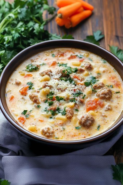 Craving a comforting bowl of soup? This Creamy Parmesan Italian Sausage Soup is a rich, flavorful delight that will warm your soul. Made with hearty sausage and creamy parmesan, it’s a true taste of Italy in every bite. Don’t miss the secret ingredient – full recipe inside. #italiansoup #sausagesoup #creamysoup #parmesansoup #comfortfood #souprecipe Sweet Sausage Soup, Sausage Pasta Soup Recipes, Creamy Sausage Soup Crockpot, Creamy Sweet Potato And Sausage Soup, Sausage And Dumpling Soup, Spicy Italian Sausage Soup Recipes, Italian Sausage Soup Recipes Slow Cooker, Creamy Italian Sausage Ditalini Soup, Creamy Parmasen Italian Sausage Soup