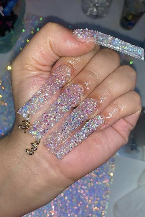 Pixie Dust Nails, Dust Nails, Sparkly Acrylic Nails, Long Acrylic Nail Designs, Ombre Acrylic Nails, Dope Nail Designs, Glow Nails, Acrylic Nails Coffin Pink, Long Pixie