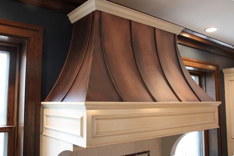 Copper range hood with wood trim. Custom Montrose design by Raw Urth Designs. Kitchen Vent Hood, Copper Hood, Copper Range, Copper Range Hood, Kitchen Vent, Wood Range Hood, Custom Metal Fabrication, Kitchen Range Hood, Kitchen Hoods