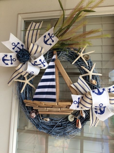 Sailboat Wreath, Nautical Wreath, Beach Wreath, Anchor Wreath, Spring Wreath, Summer Wreath Nautical Home Decorating, Anchor Wreath, Decor Marin, Deco Marine, Coastal Wreath, Cottage Wreath, Nautical Wreath, Nautical Crafts, Beach Wreath