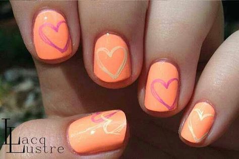 Orange nails with gold and pink hearts. Neon Heart, Heart Nail Art, Heart Nail, Purple Hearts, Crazy Nails, Heart Stamp, Colorful Nail Designs, Get Nails, Hair Skin Nails