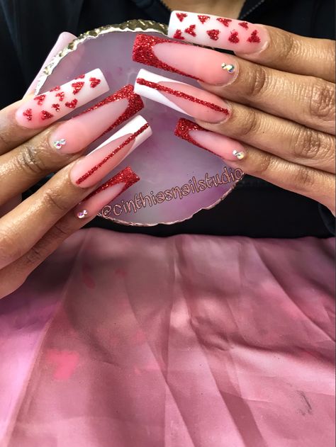 Valentine’s Day Nail Ideas Acrylic, Valentines Day Nails Red Glitter, Valentines Sets Nails, Short Stiletto Valentines Nails, Valentines Day Nails With Rhinestones, Extra Valentines Nails, Valentines Day Nails Long, Long Valentines Day Nails, Valentines Day Nails Red