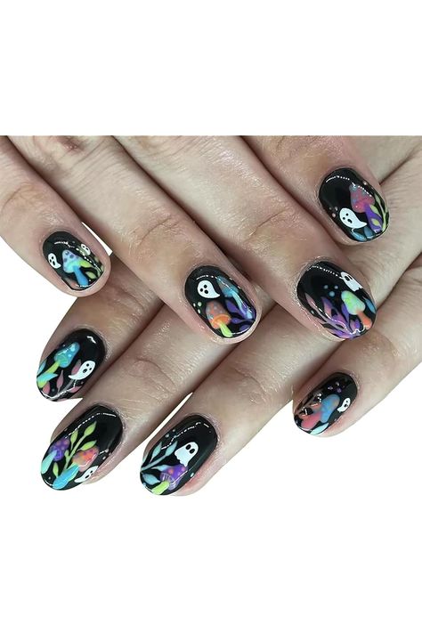 24Pcs Halloween Fake Nails Short Press on Nails Oval Shape White Ghost False Nails Mushroom Full Cover Glossy Glue on Nails Spooky Acrylic Nails Black Stick on Nails for Women Manicure Spooky Acrylic Nails, Nails Mushroom, Nails Oval Shape, Halloween Fake Nails, Acrylic Nails Black, Nails Spooky, Nails Minimalist, Black Halloween Nails, Nails Oval