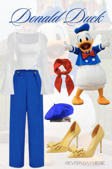 This classic Donald Duck Disney Bound look will for sure steal the show! With his hat and tie, this look comes together in a simple yet stylish way! This will be a great outfit for your next Disney Trip! Donald Duck Inspired Outfit, Disney Bounding Donald Duck, Simple Disney Costumes For Women, Donald Disneybound, Donald Duck Outfit, Blue Disney Characters, Disney Costumes For Women, Donald Duck Costume, Disney Character Outfits