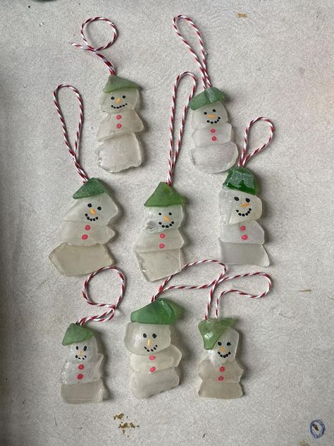 Yarmouth N.S. Events and Promotions | Working on Christmas ornaments lol | Facebook Sea Glass Snowman, Sea Glass Christmas Crafts, Sea Glass Christmas Trees, Seaglass Christmas, Sea Glass Christmas, Sea Glass Art Projects, Beach Glass Crafts, Glass Snowman, Glass Art Projects