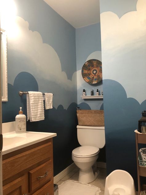 Hand painted DIY Ombre painted clouds and sky for my daughter’s bathroom Cloud Bathroom Theme, Painted Clouds, Ombre Paint, Painted Bathroom, Weather Theme, Diy Ombre, Rainbow Painting, Bathroom Themes, Stormy Weather