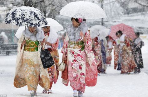 Tokyo's first snowfall of the season disrupted many "Coming of Age Day" ceremonies throughout the capital on Monday, a national holiday to celebrate young Japanese who will turn 20 years old this year. Japan, January 2013, by Kiyoshi Ota (EPA) Coming Of Age Day, Japanese Holidays, Pretty Costume, Traditional Kimono, Pictures Of The Week, We Are The World, Pretty Photos, Photo Images, Coming Of Age