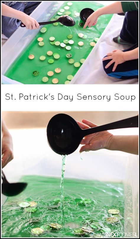 St. Patrick's Day themed sensory bin idea for kids - a great way for toddlers and preschoolers to work on fine motor skills from And Next Comes L St Patricks Activities, Sant Patrick, March Themes, March Crafts, St Patricks Crafts, St Patricks Day Crafts For Kids, March Activities, St Patrick Day Activities, Daycare Activities