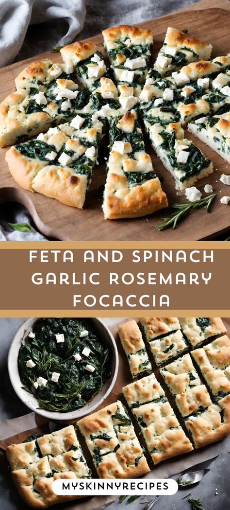 Indulge in the irresistible flavors of Feta & Spinach Garlic Rosemary Focaccia! 🍃 This homemade delight is perfect for sharing with loved ones.#myskinnyrecipes #focaccia #homemade #recipeideas 🍽️ Focaccia Bread Flavors, Focaccia Flavors, Spinach Feta Bread, Rosemary Garlic Focaccia Muffins, Garlic Rosemary Foccacia Bread, Garlic And Rosemary Focaccia, Roasted Garlic And Rosemary Focaccia, Rosemary Focaccia, Healthy Pizza Recipes