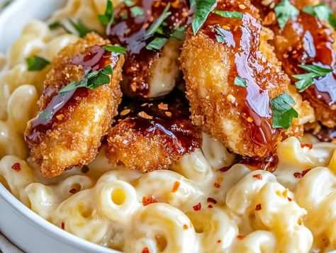 Chicken Mac And Cheese Recipe, Honey Pepper Chicken, Breaded Chicken Strips, Spiral Noodles, Chicken Mac And Cheese, Creamy Mac And Cheese, Cheesy Pasta, Pepper Chicken, Glazed Chicken