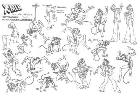 Art of X-Men: Evolution Body Expressions, Human Animation, Nightcrawler Xmen, Comic Book Writing, Kurt Wagner, Evolution Art, Drawing Superheroes, X Men Evolution, Character Model Sheet