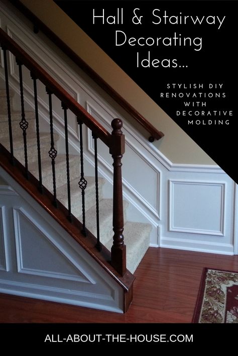 Large Stairway Wall Decor, Stairway Trim, Stairway Wall Decor, Cottage Staircase, Stairway Wainscoting, Staircase Molding, Stairway Decor, Decorating Stairway Walls, Foyer Ideas Entryway