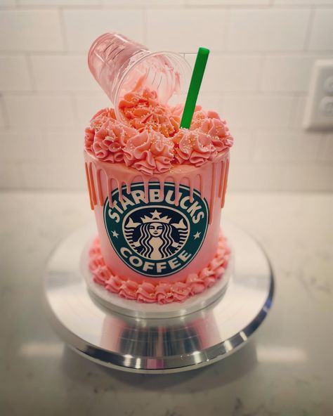 Starbucks Pink Drink Cake, Pink Starbucks Cake, Starbucks Cake Design, Pink Drink Cake, Starbucks Themed Cake, Starbucks Birthday Cake, Spilled Drink, Starbucks Birthday Party, Birthday Cake Kids Boys