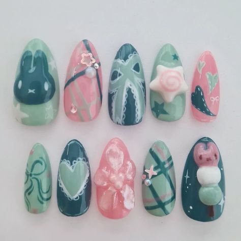 Nailspo Summer, Mofusand Nails, Miku Nails, Green Miffy, Silly Nails, Nails Almond Medium, Miffy Nails, Graphic Nails, Aesthetic Nail Ideas