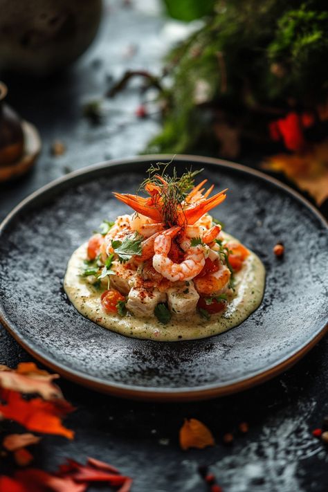 Gourmet shrimp dish garnished with herbs and served on a black plate. Mexican Meal Ideas, Mexican Food Photography, Mexican Fine Dining, Fine Dining Appetizers, Meals To Try, Dishes For Dinner, Mole Poblano, Healthy Mexican Recipes, Fish Ideas