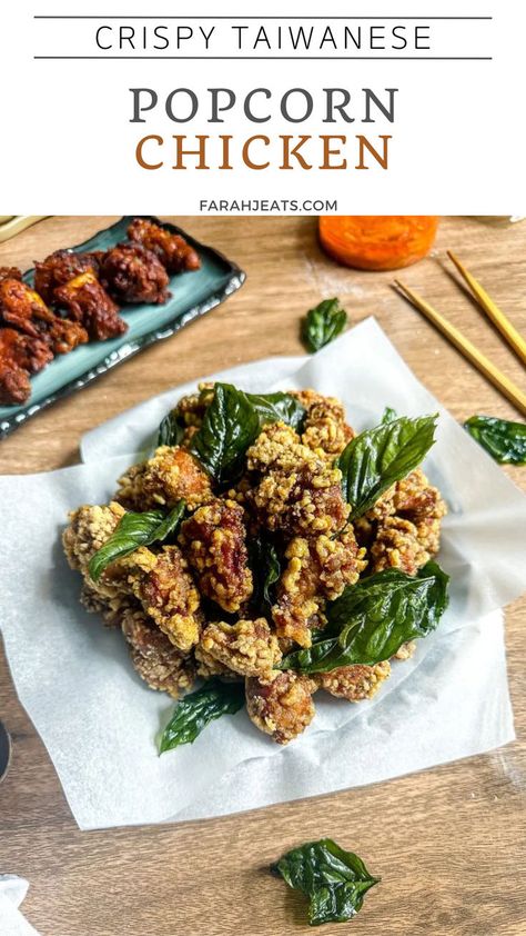 Crispy Taiwanese basil popcorn chicken served on a white plate covered with baking paper. Taiwanese Popcorn Chicken, Fried Basil, Chicken Basil, Chinese Spices, Seafood Rice, Veggie Dinner, Easy Asian, Easy Asian Recipes, Popcorn Chicken