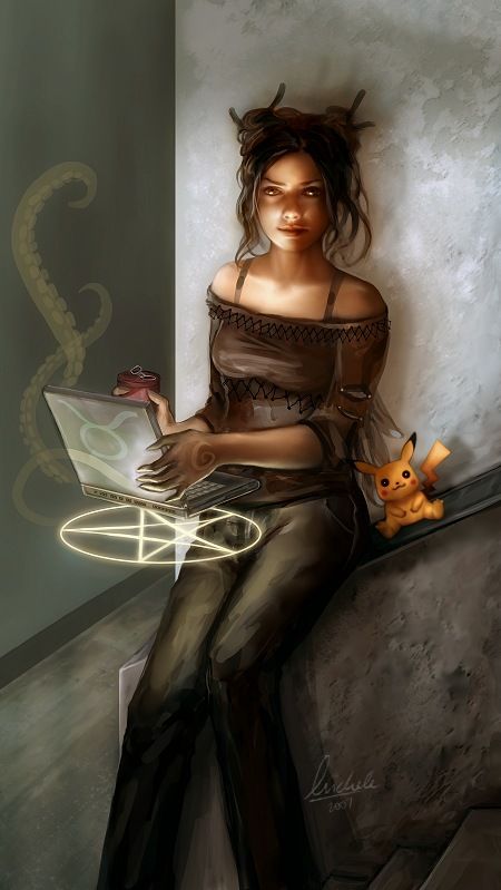 Modern Computer Witch by ~darcyred on deviantART Modern Wizard Character Design, Mage Ascension, Mage Awakening, Mage The Ascension, Urban Fantasy Inspiration, Shadowrun Characters, D20 Modern, Alternate Reality, Modern Magic