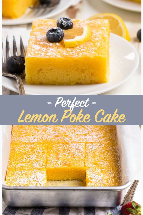 PERFECT Lemon Poke Cake. Original recipe!! Moist, easy, and bursting with lemon flavor, this old fashioned lemon jello cake uses Betty Crocker cake mix, real lemon juice, and lemon jello for triple the lemon burst flavor! #wellplated #pokecake #easydessert via @wellplated Lemon Jello Poke Cake Recipe, Lemon Jello Cake, Lemon Poke Cake, Jello Cake Recipes, Cake Poke, Lemon Cake Mix Recipe, Poke Cake Lemon, Betty Crocker Cake Mix, Fruit Desserts Easy