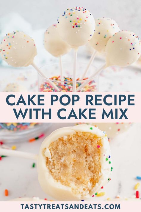 The Best Cake Pop Recipe with Cake Mix! This Easy Cake Pop Recipe is made with box cake and only a few ingredients! The most delicious Vanilla Cake Pops! Cake Mix Cake Pops, Vanilla Cake Pop Recipe, Funfetti Cake Pops, Cake Pop Boxes, Cake Pop Recipe Easy, Easy Vanilla Cake, Betty Crocker Cake Mix, Funfetti Cake Mix, Cupcake Mix