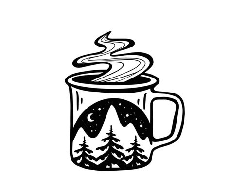 Black vector of campfire designed coffee cup, SVG. Type file. Drink Branding, Coffee Logos, Coffee Mug Drawing, Coffee Cup Tattoo, Camping Tattoo, Coffee Cup Svg, Woodburning Ideas, Camping Icons, Coffee Doodle