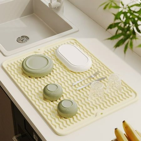 Silicone Dish Drying Mat Non-Slip Silicone Mat Easy Clean Drying Mat Large Heat Dish Drainer Mat For Kitchen Counter Sink Refrigerator Or Drawer Easy To Clean Features: Material: Plastic Product color: Beige Product size:30x40cm/11.81x15.74ins Packing size:30x5x5cm/11.81x1.96x1.96ins Net weight200/0.44lb Gross weight: 200g/0.44lb Product Description: A Good Kitchen Tool Dish Drying Mat The silicone mat is designed with raised stable ridges, allowing water to evaporate quickly, so your dishes, po Kitchen Drying Mat, Dorm Vibes, Drawer Mat, Best Kitchen Tools, Refrigerator Drawers, Sink Mats, Apartment Goals, Dish Drainers, Silicone Mat