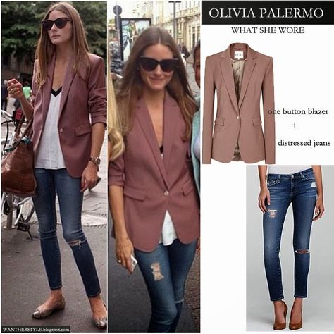 Olivia Palermo in mauve one button blazer with distressed skinny jeans in Paris - Want Her Style #oliviapalermo #fashion Olivia Palermo Lookbook, I Want Her, One Button Blazer, Olivia Palermo, Blazer Outfits, Work Outfits Women, Blazer Fashion, Blazer Buttons, Work Casual