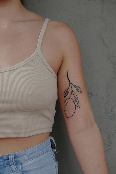 Lemon Tree Tattoo, Citrus Tattoo, Lemon Tattoo, Guru Tattoo, Fruit Tattoo, Handpoke Tattoo, Lemon Leaves, Lemon Fruit, Fruit Food