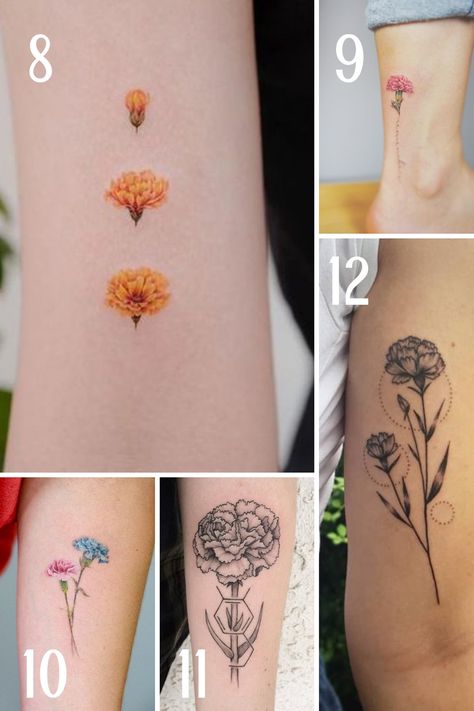 January Birth Flower Tattoo Designs {The Carnation} - Tattoo Glee Yellow Carnation Tattoo, January Birth Flower Tattoo Ideas, January Flower Tattoo Birth Month, January Tattoo Ideas, Birth Flower Tattoo Designs, January Flower Tattoo, January Tattoo, January Birth Flower Tattoo, Carnation Flower Tattoo