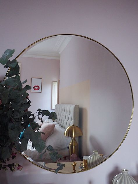 DIY Large Brass Trim Circular Mirror — MELANIE LISSACK INTERIORS Aesthetic Mirrors Bedroom, Mirrors Aesthetic, Diy Round Mirror, Circle Mirrors, Pink Interiors, Round Mirror Frame, Moon House, Pastel Bedroom, Mirror Bedroom