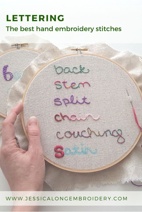 You've just completed a lovely piece of embroidered art but have decided that it is missing something - text! It can be so fun to add a favorite quote or name to your work, but what stitch should you use? Below I've included a look at my favorite hand embroidery stitches for lettering. Scroll down for information on each stitch, plus photos and a full video tutorial (almost an hour long!) with demos for each stitch and variations.  I used a full strand of 6-ply cotton embroidery floss for all Embroidery Stitches For Lettering, Stitches For Lettering, How To Embroider Letters, Hand Embroidery Letters, Modern Hand Embroidery Patterns, Modern Hand Embroidery, Name Embroidery, Basic Embroidery Stitches, Embroidery Letters