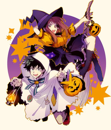 Artist: hegi | Boku no Hero Academia (My Hero Academia) | Midoriya Izuku | Uraraka Ochako Victor Cruz, Anime Halloween, Ochako Uraraka, Halloween Icons, Halloween Drawings, Buko No Hero Academia, Izu, My Hero Academia Episodes, Boku No Hero