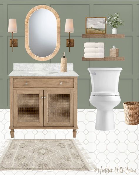 Cane Vanity, Powder Bathroom Decor, Green Accent Wall, Bathroom Mood Board, Powder Bathroom, Green Accent Walls, Single Sink Vanity, Bathroom Decor Ideas, Sink Vanity