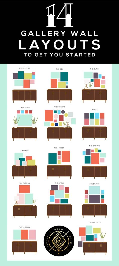 14 Gallery Wall Layouts to Get You Started • Little Gold Pixel  #gallerywall #gallerywalls #gallerywalllayouts #wallartideas #gallerywallideas Gallery Wall Layouts, Wall Layout, Gallery Wall Layout, Desain Editorial, Photo Wall Gallery, Gallery Wall Inspiration, Gallery Wall Living Room, Diy Paint, Decoration Inspiration