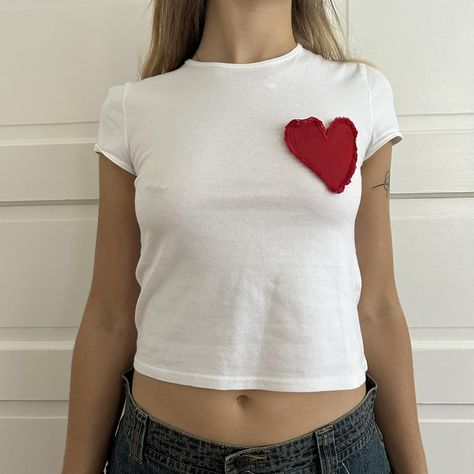 2000s jill stuart white baby tee with patchwork... - Depop Homemade Shirts Ideas Diy, Patchwork Baby Tee, Homemade Shirts, Senior Sweatshirts, Patchwork Tee, White Baby Tee, Week Outfits, Patchwork Heart, Diy Shirts