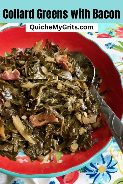 Red bowl with turquoise rim and collard greens with bacon, a metal spoon resting in it. Collard Greens Recipe With Bacon, Collard Greens Recipe Soul Food, Best Collard Greens Recipe, Easy Collard Greens Recipe, How To Cook Collards, Greens With Bacon, Greens Recipe Soul Food, Collard Greens With Bacon, Southern Collard Greens