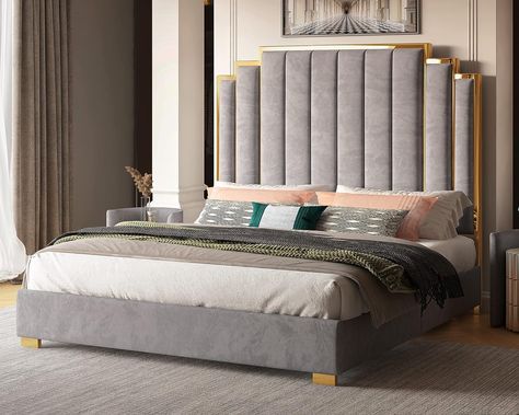 Albott King Size Platform Bed Frame, 65" Velvet Upholstered Bed with Gold Trim Headboard/Wooden Slats/No Box Spring Needed/Grey Velvet Bed Frame, King Size Platform Bed, Furniture Studio, Velvet Upholstered Bed, Gold Bed, Queen Size Platform Bed, Modern Platform Bed, Dream Furniture, King Size Bed Frame