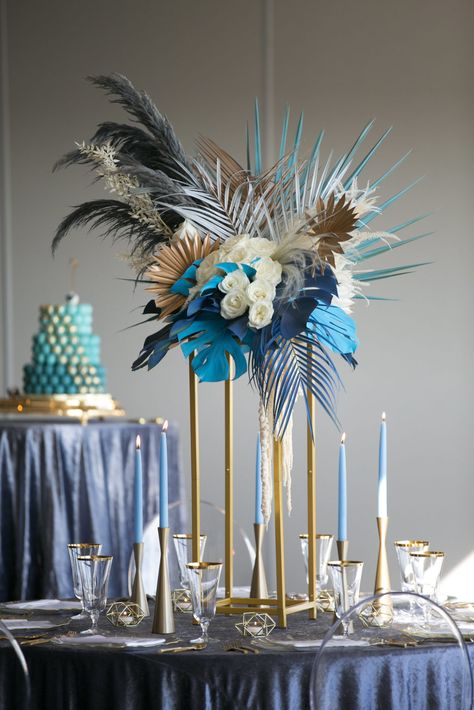 Blue Feather Centerpieces, Avant Garde Centerpieces, Palm Tree Centerpieces, Blue Tropical Wedding, Blue And White Table Decor, Tropical Wedding Reception Decor, Blue Table Decorations, Unique Event Decor, Tropical Wedding Reception