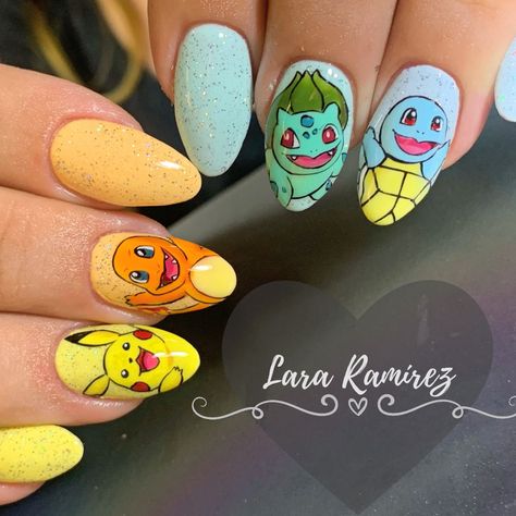 Pikachu Nails Pokemon, Charmander Nails, Squirtle Nails, Pokemon Nails Acrylic, Bulbasaur Nails, Pokemon Nails Designs, Pikachu Nail Art, Cosplay Claws, Pokemon Nail Art