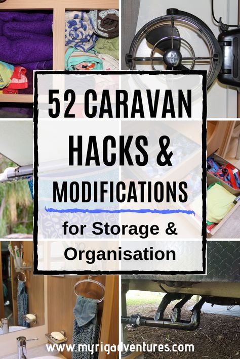 Get your Caravan or RV organised in no time with our 52 Caravan Hacks & Mods!  We're talking storage solutions, containers, towels, hooks, holders, nooks, make up, jewellery, crockery, laundry, linen, clothing, cleaning, boxes, mats, dust proofing and more! #caravanhacks #caravanmods #caravanmodifications #vanmods #vanlife #organisation #organisationhacks #storage #storagehacks Rangement Caravaning, Campervan Storage Ideas, Caravan Interior Makeover, Caravan Hacks, Caravan Storage, Diy Caravan, Caravan Vintage, Caravan Living, Small Caravans