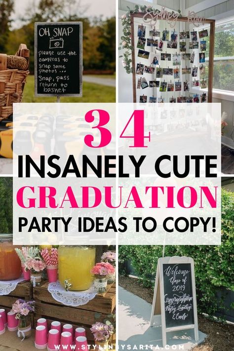 Are you trying to plan the best grad party everyone will love? I've gathered 34 epic graduation party ideas, high school graduation party decor ideas and college graduation party ideas decorations you'll want to recreate! Graduate School Graduation Party Ideas, Party Aesthetic Graduation, College Graduation Ideas Party, Creative Grad Party Ideas, Backyard Party Graduation, Picture Collage For Graduation Party, Display Pictures At Graduation Party, Cute Graduation Decorations, House Graduation Party Ideas