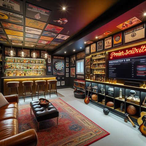 This man cave basement is a haven of hobbies, boasting a stocked bar, vintage memorabilia, home cinema, upscale pool table, gaming corner, and fitness gear. Indulge in nostalgia with our classic jukebox at the entrance. #Mancave #HomeBar #GamingRoom #PoolTable #SportsMemorabilia #HomeTheater Vintage Game Room Industrial, Basement Hobby Room, Vintage Industrial Game Room, Moody Sports Basement, Home Sports Bar Ideas Basement, Vintage Sports Bar Basement, Unique Man Cave Ideas, Shop Bar Ideas, Sports Basement