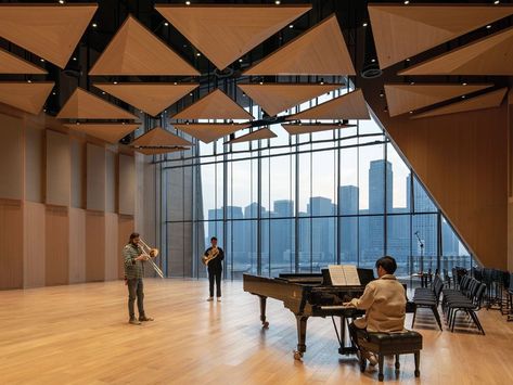 Juilliard School, Large Foyer, Interactive Exhibition, New York Studio, Wood Cladding, Concert Venue, Music School, Glass Facades, Financial District