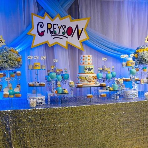 12+ Awesome Rugrats Themed Baby Shower Ideas (Free Printable Included) Rug Rats Baby Shower, Rug Rats Baby Shower Theme, Rugrats Baby Shower Theme, Baby Shower Themes For Twins, Rugrats Birthday Party, Office Baby Showers, Rug Rats, Baby Shower Party Themes, Ideas Baby Shower