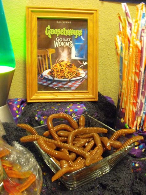 GOOSEBUMPS (R.L. Stine) | CatchMyParty.com Goosebumps Birthday Party Decorations, Goosebumps Decor, Goosebumps Birthday Party, Goosebumps Birthday, Goosebumps Party, Framed Book, Stranger Things Halloween, 9th Birthday Parties, Birthday Halloween Party